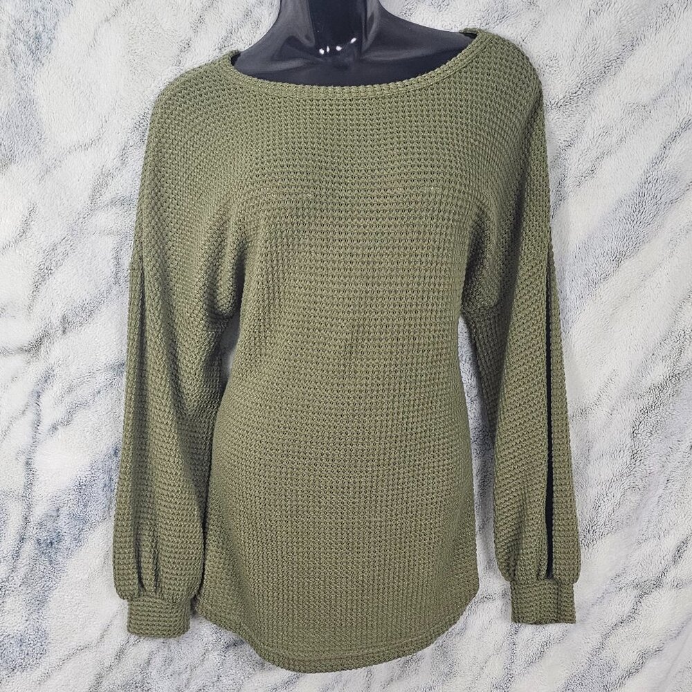 Merokeety Size L Large Olive Green Waffle Knit Puff Sleeve Sweater